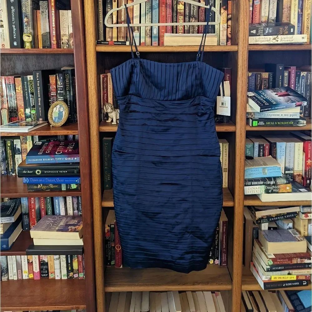CALVIN Klein navy blue ribbon layered satin dress sz 12 nwt removable straps